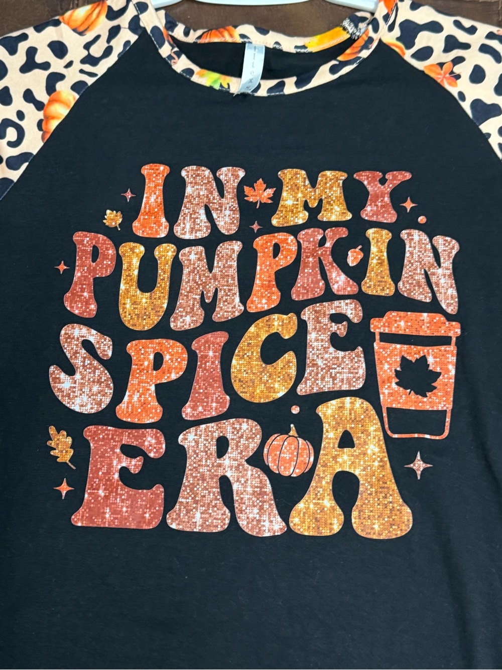 Ladies Blk Sm. “In my Pumpkin Spice Era” Raglan Tee-Leopard Pumpkin 3/4 alc #213 - Picture 5 of 7